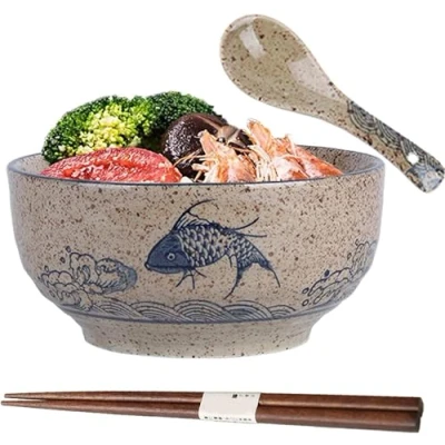 Afbeelding van Raam kom, ramen Japanse keramische kom met lepel, eetstokjes, porseleinen soepkommen, slakommen
