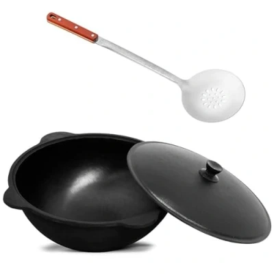 Afbeelding van Kazan Gietijzeren Wok 22 liter (ronde bodem) met schuimlepel Namangan Uzbek Kazbek Asia Cast Iron Ketel Camping Usbek aluminium deksel