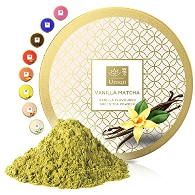 Afbeelding van Tea Uniqo vanille Matcha poeder, ideaal voor ijs, latte, milkshakes, om te bakken, koken of pure dranken, groene thee met smaak, 100% natuurlijk in hersluitbare doos