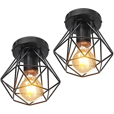 Afbeelding van iDEGU Plafondlamp, industrieel, vintage, kroonluchter, hanglamp, E27, retro, design, kooi, ijzer, plafondlamp voor hal, woonkamer, keuken, slaapkamer, Ø 16 cm (kooi A, zwart)