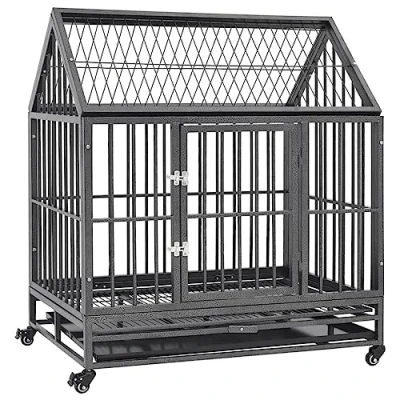 Afbeelding van vidaXL Hondenbench met wielen en dak 92x62x106 cm staal