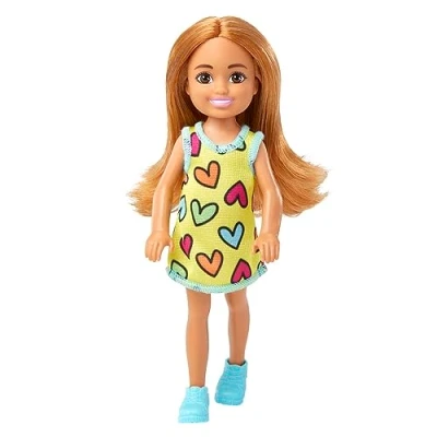Afbeelding van Barbie Chelsea pop 15 cm met vrienden, kleine gele jurk afneembare harten print en schoenen, om te verzamelen, speelgoed voor kinderen, 3 tot 7 jaar, HNY57