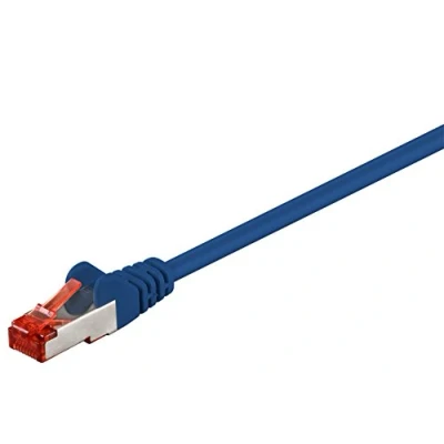 Afbeelding van Goobay 92672 RJ45 patchkabel met CAT 7 ruwe kabel, dubbel afgeschermd, S FTP tot 600 MHz, halogeenvrij, koperen connectoren, vergulde stekkers, blauw 0,5 m