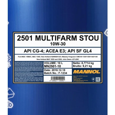 Afbeelding van Mannol Multifarm STOU 10W 30 10L Motorolie MN2501 10 MERCEDES BENZ: S Class Saloon, C E SMART: Cabrio, City Coupe