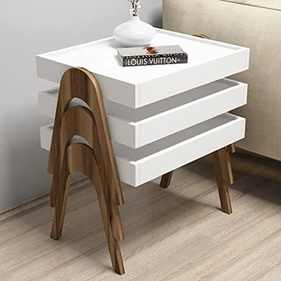 Afbeelding van Bijzettafelset Stijlvolle Walnoot &amp; Wit 53,6x64x40cm Duurzaam Melamine Materiaal