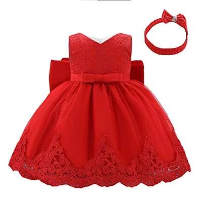 Afbeelding van Lito Angels Bruidsmeisjesjurk met hoofdband voor baby&#039;s, meisjes, kanten jurk ceremonie, bruiloft, maat 3 18 maanden, 426, Rood