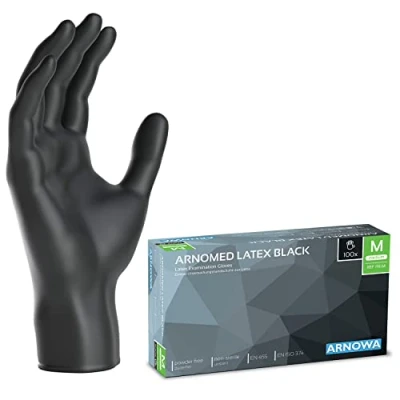 Afbeelding van ARNOMED Wegwerp latex wegwerphandschoenen M, zwart, poedervrij 100 p./doos, zwarte wegwerphandschoenen, verkrijgbaar in XS, S, L en XL