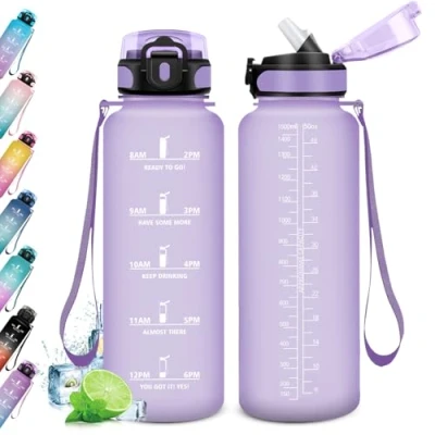 Afbeelding van KollyKolla Drinkfles, 1,5 l, waterfles, rietje, waterdicht en herbruikbaar, sportfles met tijdmarkering, motiverende drinkfles voor volwassenen, fietsen, kantoor, school, camping