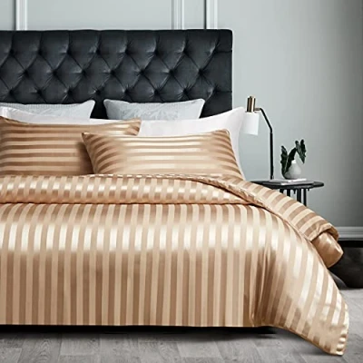 Afbeelding van Satijn beddengoed 200 x cm beige zijdeglans gestreept set 3 delig hoogwaardig luxe dekbedovertrek met verborgen ritssluiting en 2 kussenslopen 80 cm,
