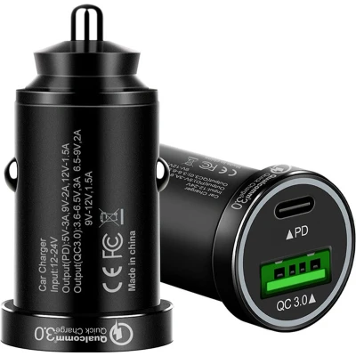 Afbeelding van MMOBIEL Autolader Dual USB C en A 36W 2 Poorts Metalen Compacte Telefoon Oplader Auto Adapter