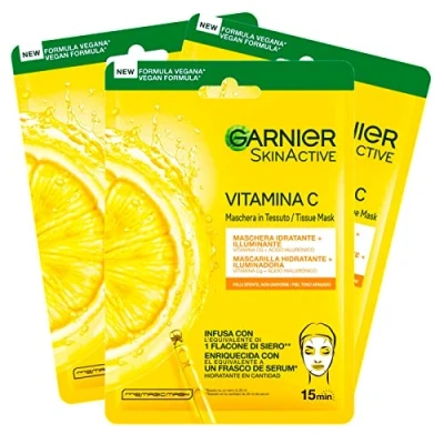 Afbeelding van 3 x Garnier SkinActive wegwerpgezichtsmasker van hydraterende en lichtgevende stof met vitamine C hyaluronzuur wegwerpmaskers
