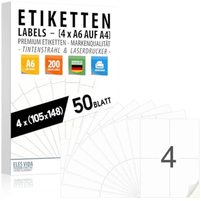 Afbeelding van Zelfklevende etiketten 105 x 148 mm (4 stuks per DIN A4 vel), mat wit oppervlak, inkt en laserprinter, verzendetiketten, Made in Germany (50 vellen 200 etiketten)