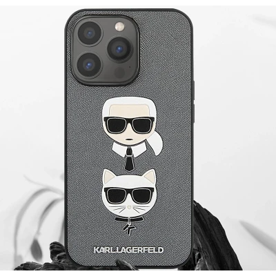 Afbeelding van Zilver hoesje van Karl Lagerfeld Hardcase Backcover iPhone 13 Pro &amp; Choupette Heads