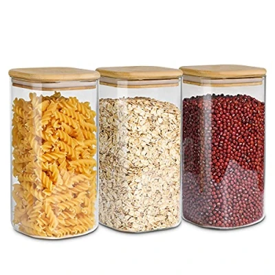 Afbeelding van ComSaf 1500 ml glazen potten met bamboedeksel, luchtdichte containerpot afsluitdeksel, canisterset voor pastameel, rijstgranen, suiker, thee, koffiebonen, set van 3