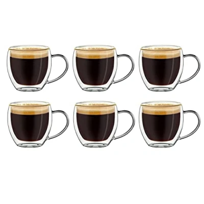 Afbeelding van Espressoglas, dubbelwandig, met handvat, thermisch glas, zweefeffect, 6 x 100 ml