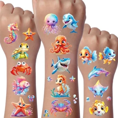 Image de Océan Tatouage Paillette Enfant, 12 Feuilles Tatouages Ephemere Animaux de l&#039;océan Enfants, Decoration Anniversaire Ocean, Invitation Océane, Cadeau pour Garçons Filles