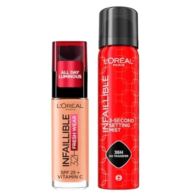 Image de L&#039;Oréal Paris Infaillible Fond de teint liquide 32H Fresh Wear SPF 25 Waterproof avec Vitamine C Couleur 220 Sable + Spray Fixant 3 Second Setting Mist pour Maquillage Visage No Transfer 75 ml 2