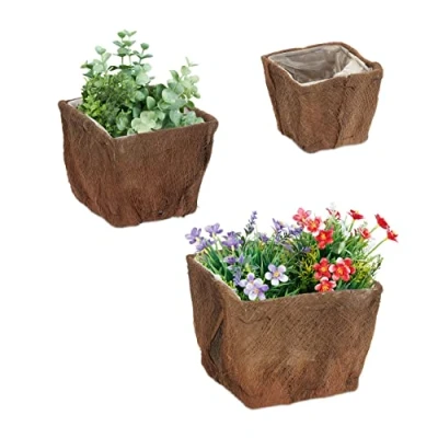 Afbeelding van Relaxdays bloempot kokosvezels plantenpot set van 3 natuurlijke plantenbak vierkant