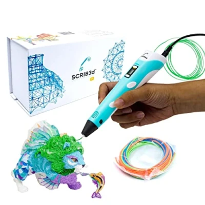 Afbeelding van SCRIB3D P1 3D printpen met display, bevat pen, 3 PLA filamentstartkleuren, een sjabloonboek + projectgids en oplader