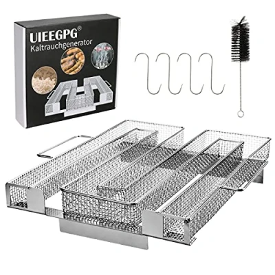 Afbeelding van UIEEGPG Koude rookgenerator van roestvrij staal met handgrepen, borstel + haak voor het roken vlees, vis, rookoven, kogelgrill koud (22,5 x 21,5 4,5)