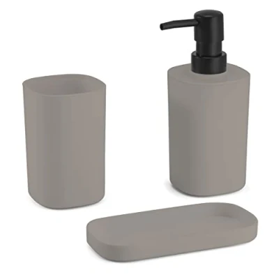 Afbeelding van MSV Badkamer accessoires set 3 delig Lona Kunststof Beige Zeeppompje/beker/schaaltje