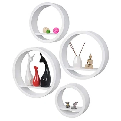 Afbeelding van WOLTU Set van 4 ronde zwevende houten wandplanken met inzetstuk wit