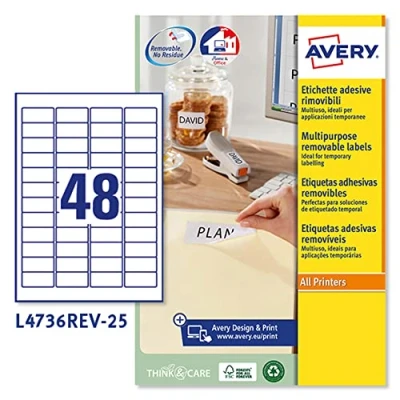Afbeelding van AVERY Verpakking met 1200 zelfklevende en verwijderbare etiketten, personaliseerbaar bedrukbaar, formaat 45,7 x 21,2 mm, laser/inkjetdruk, (L4736REV 25)