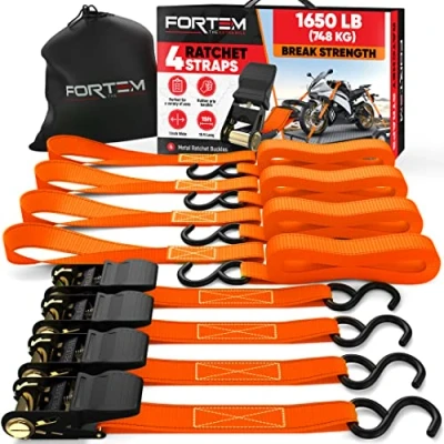 Afbeelding van FORTEM Scharnieren, belastbaarheid 748 kg, 4 sleepriemen van 4,5 m, zachte gespen, motorfiets sjorriemen, rubberen handgreep, gecoate metalen haken, draagtas (oranje)