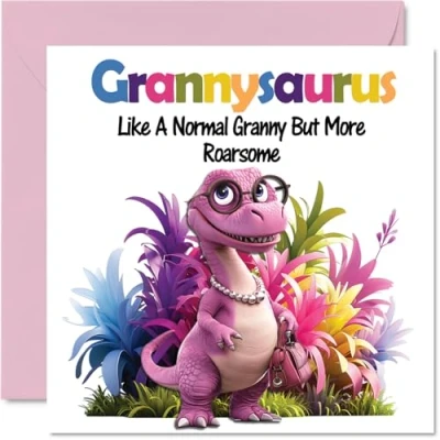 Afbeelding van Carte d&#039;anniversaire pour grand mère Grannysaurus rugissant de la part petit fils et petite fille, 145 mm x Dinosaure Cartes vœux
