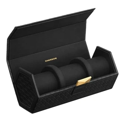 Afbeelding van SONGMICS HOME RONNE Collection Horlogedoos voor op reis, 3 horloges, PU leer, wafeleffect, zeshoekvorm, verborgen opslag, cadeau idee, 9,8 x 21,2 8,7 cm, inktzwart JWB027B01