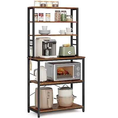 Afbeelding van VASAGLE KKS019B01 Kitchen Baker&#039;s Rack, keukenblok met opbergplanken, 6 haken en metalen frame, industrieel magnetronrek, 80 x 40 167 cm, rustiek bruin zwart