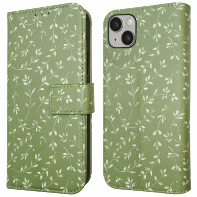 Afbeelding van iMoshion Hoesje Geschikt voor iPhone 14 Met Pasjeshouder Design Bookcase smartphone Groen / Green Flowers