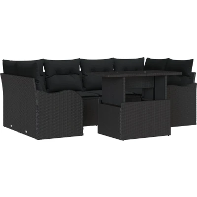 Afbeelding van vidaXL 7 delige tuinsofa set met kussens zwart poly rattan