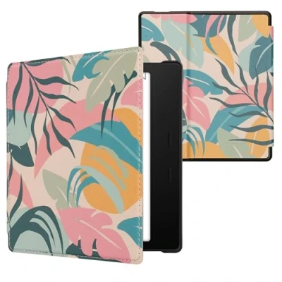 Afbeelding van kwmobile E reader hoesje geschikt voor Amazon Kindle Oasis 10. Generation hoes flip case met magnetische sluiting Ereader cover Tropische jungle design in poederroze / geel groen
