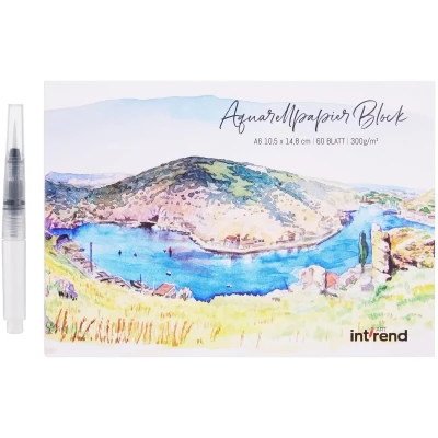 Afbeelding van int!rend Aquarelpapier, 300 g, DIN A6, 60 vellen, wit, gelijmd, aquarelpapierblok, Watercolour Paper Pad, incl. watertankborstel, twee penselen, potlood schilderpad papier voor tekenen, schilderen