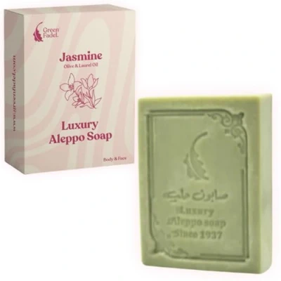 Afbeelding van GREEN FADEL (Luxury) Aleppo Zeep Origineel met Jasmijn Aroma, 1 Stuk, Olijfolie &amp; Laurierolie, Olijfoliezeep, Natuurlijke Zeep, Luxury Soap, voor Gezicht Lichaam