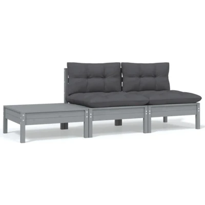 Afbeelding van 3 delige Loungeset met kussens massief grenenhout grijs