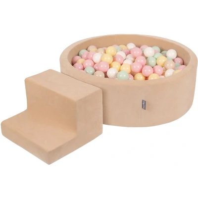 Afbeelding van KiddyMoon Velvet Foam Speeltuin Met Rond Ballenbad (100 Ballen) Kinderballenbakken Speelgoed Obstakelbaan, Zandbeige: Pastelbeige/Pastelgeel/Wit/Mint/Poederroze