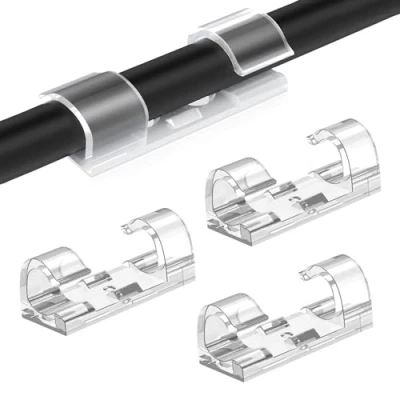 Afbeelding van CORTNEY Kabelbinders, zelfklevend, 80 stuks, opbergclips met sterke zelfklevende pads, transparant, voor thuis, kantoor, auto, tv, telefoon, oplader