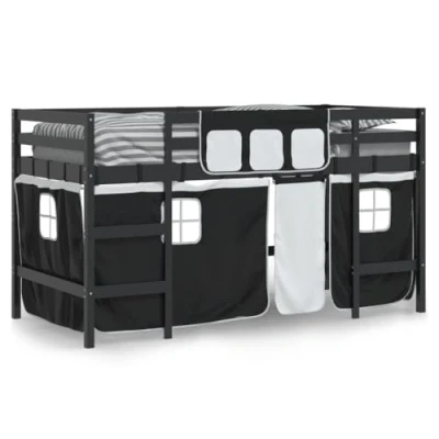 Image de vidaXL Lit mezzanine enfants et rideaux blanc/noir 90x200cm pin massif