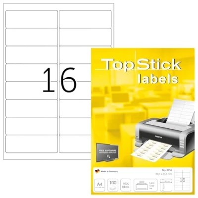 Afbeelding van TopStick Adreslabels, zelfklevend, 99,1 x 33,9 mm, 1600 stuks, personaliseerbaar en bedrukbaar, laser/inkjet druk, (8756)