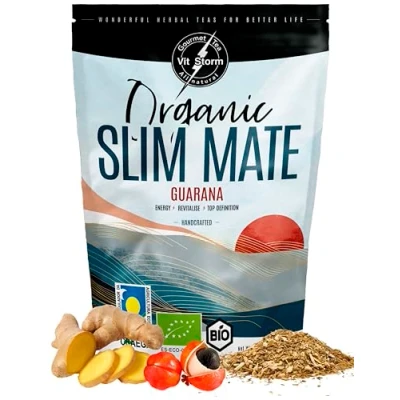 Afbeelding van SLIM TEA Yerba Mate Bio Guarana natuurlijke energiedrank rijk aan cafeïne en antioxidanten, gemberinfusie, brandnetel, hibiscus, citroenschil losse thee 100 g Vitstorm