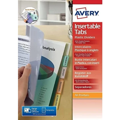 Afbeelding van AVERY Dubbele tabbladen met aanpasbare en bedrukbare tabbladen, 8 toetsen, DIN A4+ (maakt het opbergen van geperforeerde hoezen mogelijk), transparant gekleurd polypropyleen