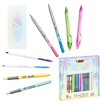 Image de BIC Pastel Dream Kit 3 Stylos Gel/4 Feutres d&#039;Écriture/4 Surligneurs Pastel/4 Bille/1 Bloc Notes Coffret Cadeau de 16