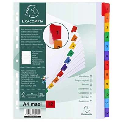 Afbeelding van Exacompta 4112E verpakking met tabbladen, wit karton, 160 g/m², 12 bedrukte voor DIN A4+, indexpagina, 1 verpakking, op kleur gesorteerd