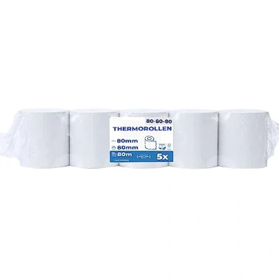 Afbeelding van 5 stuks premium thermisch rollen 80 mm x 12 papier bonrollen (80 12) gecertificeerd voor kassabonprinters zoals Epson, IBM, Metapace enz.