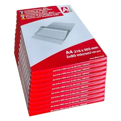 Afbeelding van Albyco Lamineerfolie, A4, glanzend, 10 verpakkingen van elk 100 stuks, dikte 2 x 80, (160) micron