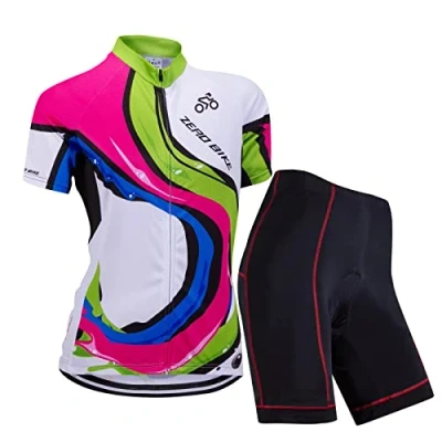 Afbeelding van Fietsshirt voor dames, ademend, sneldrogend, fietsshirt, korte mouwen, jas + 3D kussen, gevoerd, strak, shorts (kleurstang, L)