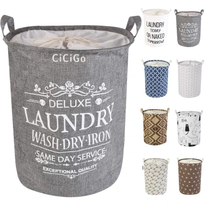 Afbeelding van LessMo 19,7 inch/50,0 cm wasmand, inklapbare opbergmand met gemakkelijke draaggrepen, waterdicht rond katoenen linnen, voor babyproducten, speelgoed, slaapkamermand