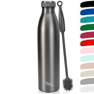 Afbeelding van Roestvrijstalen drinkfles, 350 ml, 500 750 1 liter, 1.5 l thermosfles, schuine waterfles, lekvrije dubbelwandig, geschikt voor koolzuurhoudende dranken + cleaning brush (grijs, 1,5 l)